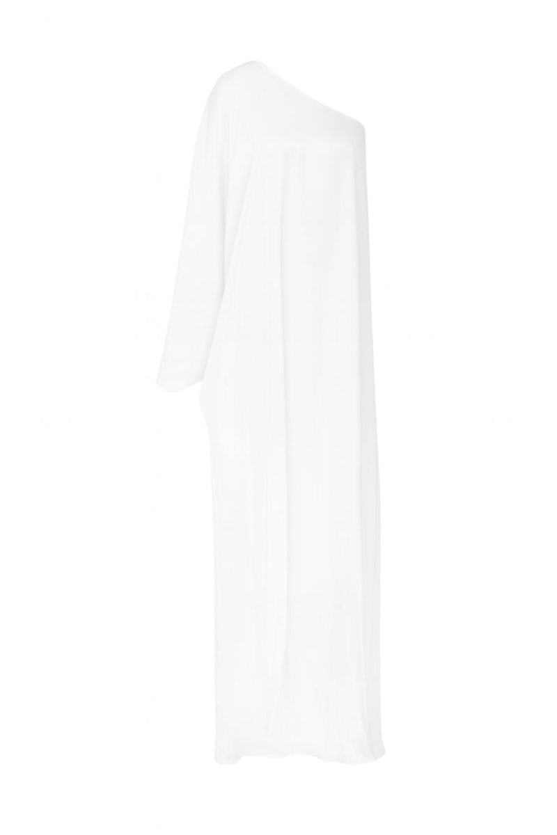 Nazlı Ceren Venus one-shoulder maxi dress in white, flowing fabric with elegant design, perfect for formal occasions.