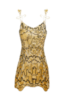 Onalaja Honey Mini Dress, sleeveless with a fitted silhouette and floral pattern, displayed on a hanger.