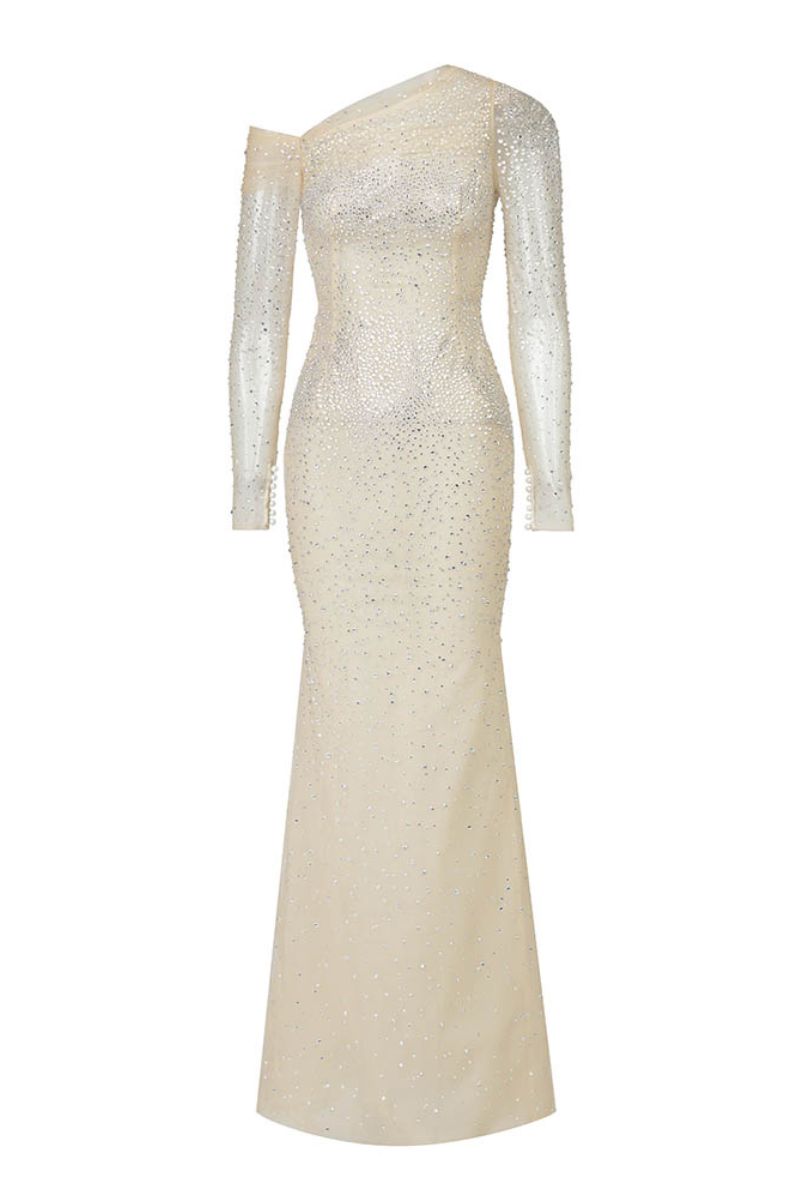 CRYSTAL LONG SLEEVES GOWN IN NEUTRAL - CULT MIA