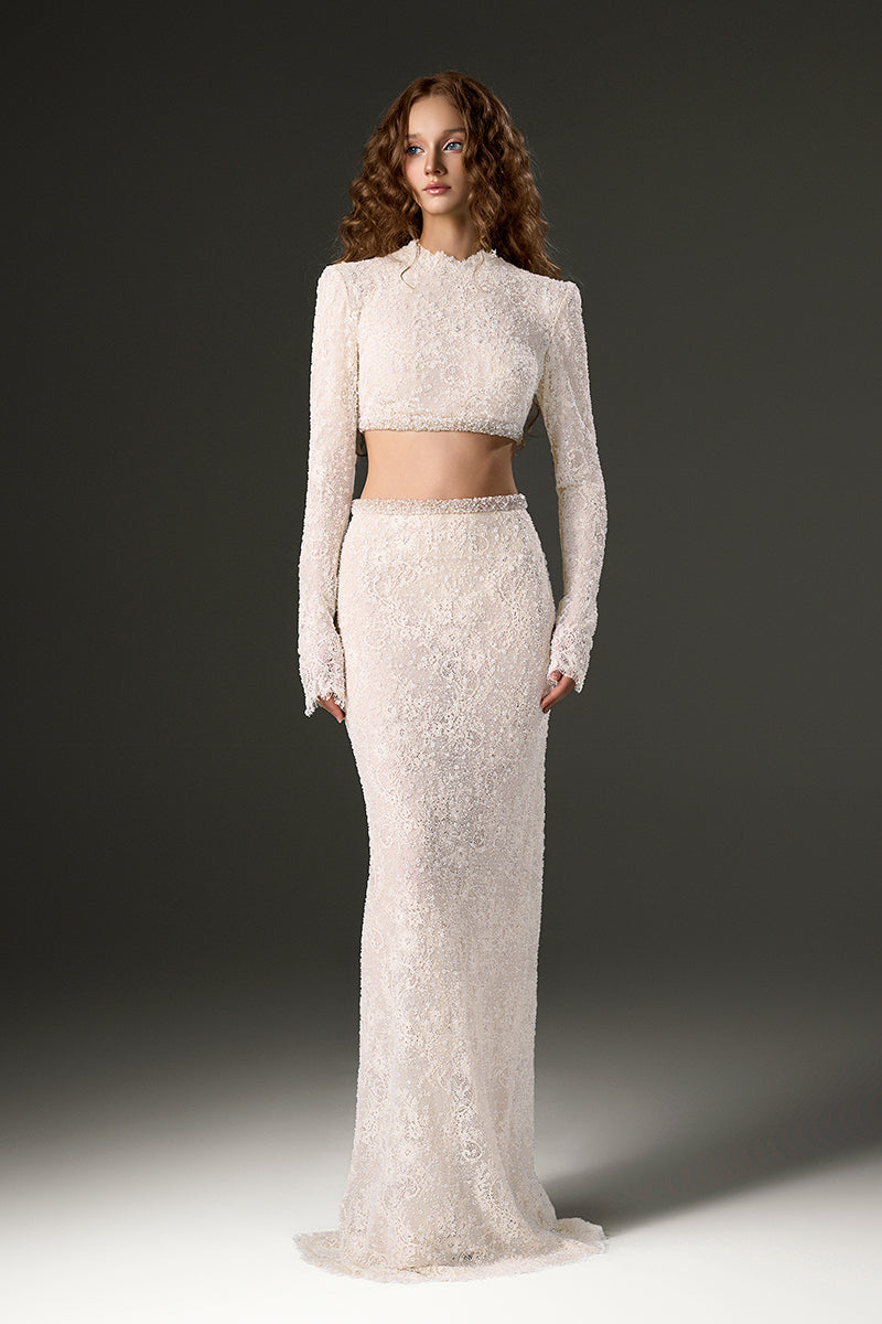 SEQUIN MESH LACE TOP AND SKIRT SET IN WHITE - CULT MIA