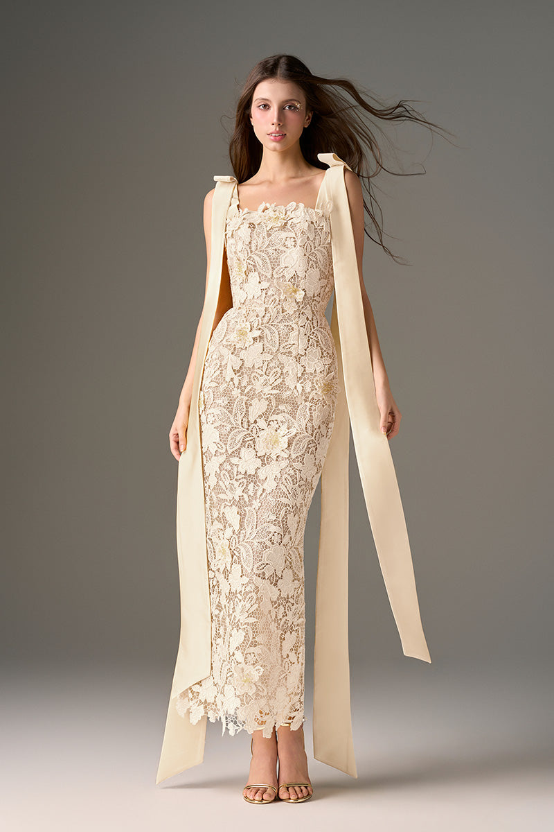 I.H.F Studio CULT MIA X floral garden ivory lace maxi dress with a fitted column silhouette and delicate lace details.