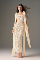 I.H.F Studio CULT MIA X floral garden ivory lace maxi dress with a long, elegant column silhouette and intricate lace details.