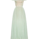 Mint off-shoulder midi dress by Montsand, featuring a fitted waist and flowing skirt, displayed on a hanger.