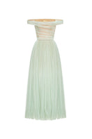 Mint off-shoulder midi dress by Montsand, featuring a fitted waist and flowing skirt, displayed on a hanger.