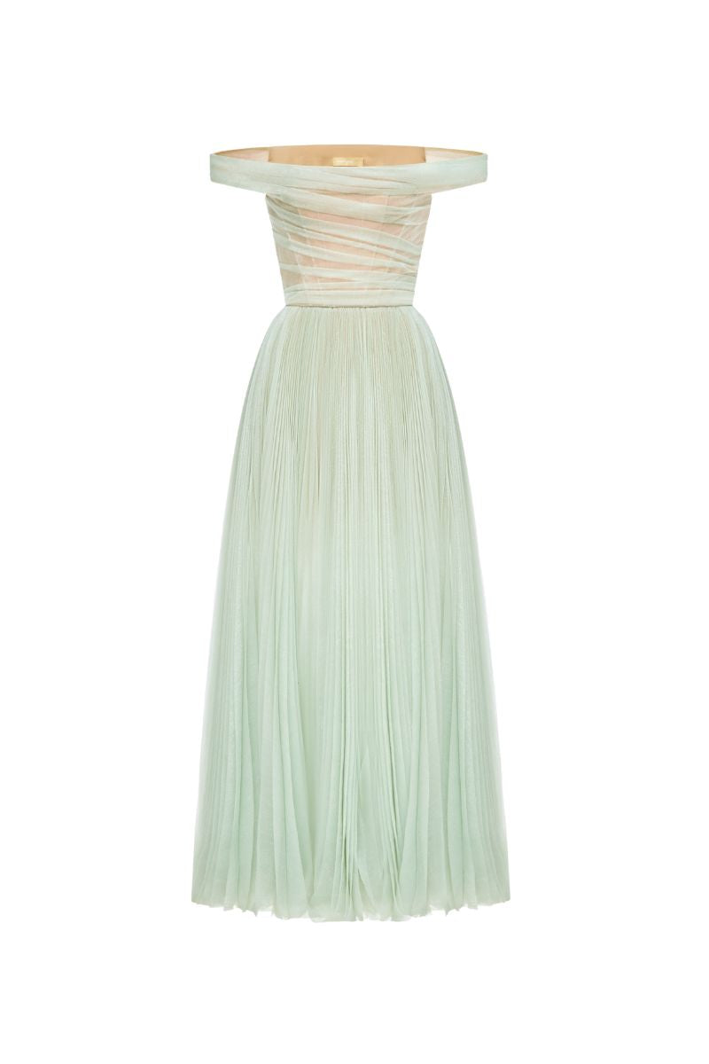 Mint off-shoulder midi dress by Montsand, featuring a fitted waist and flowing skirt, displayed on a hanger.
