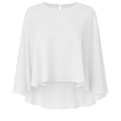 White chiffon cape jacket by Nazlı Ceren, featuring flowing fabric and elegant design, shown draped on a model.