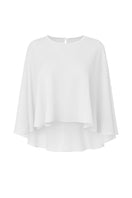 White chiffon cape jacket by Nazlı Ceren, featuring flowing fabric and elegant design, shown draped on a model.