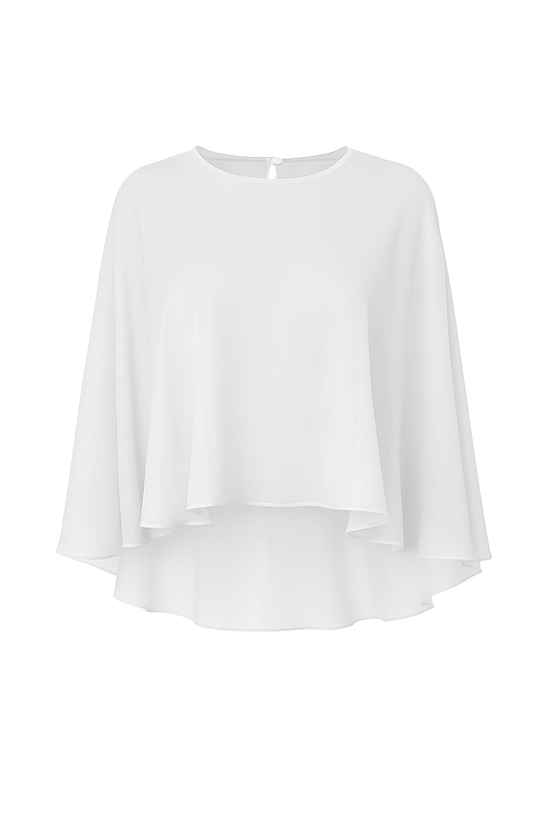 White chiffon cape jacket by Nazlı Ceren, featuring flowing fabric and elegant design, shown draped on a model.