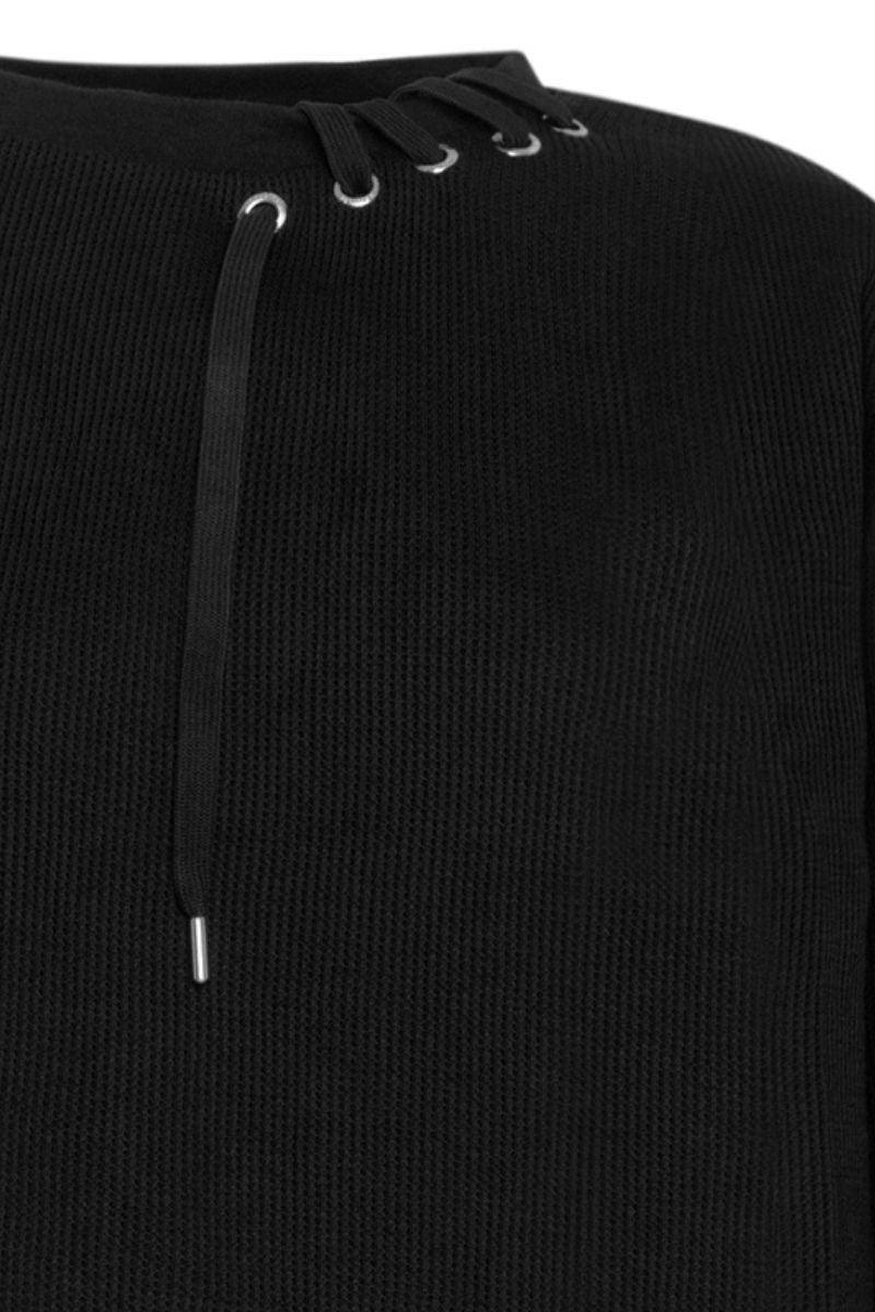 BLACK WAFFLE SWEAT SHIRT AND PANTS SET - CULT MIA