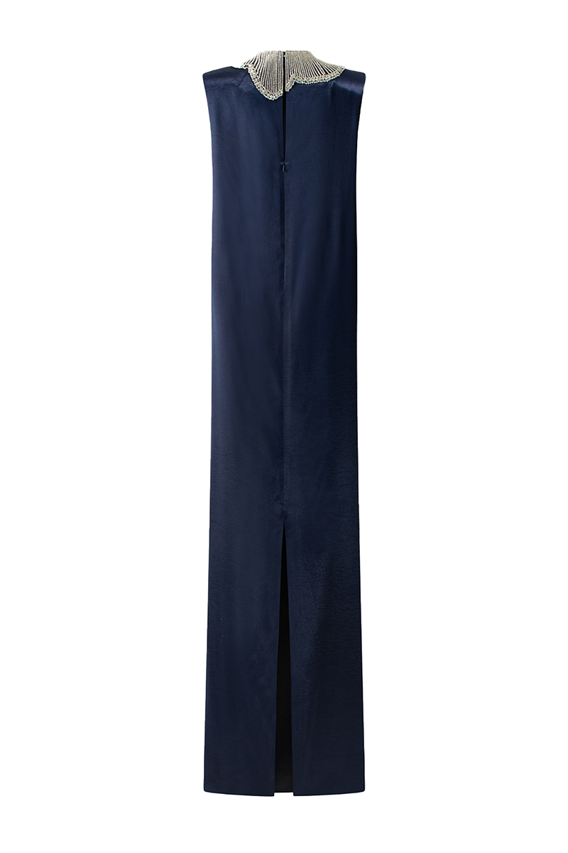 NAVY BLUE ORCHID STONE PATTERNED COLLAR GOWN - CULT MIA
