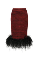 Lalo multicolor feather detail pencil midi skirt, tailored fit with vibrant feather accents, stylish and elegant for various occasions.