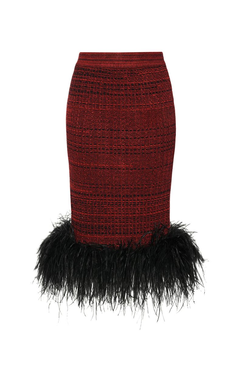 Lalo multicolor feather detail pencil midi skirt, tailored fit with vibrant feather accents, stylish and elegant for various occasions.