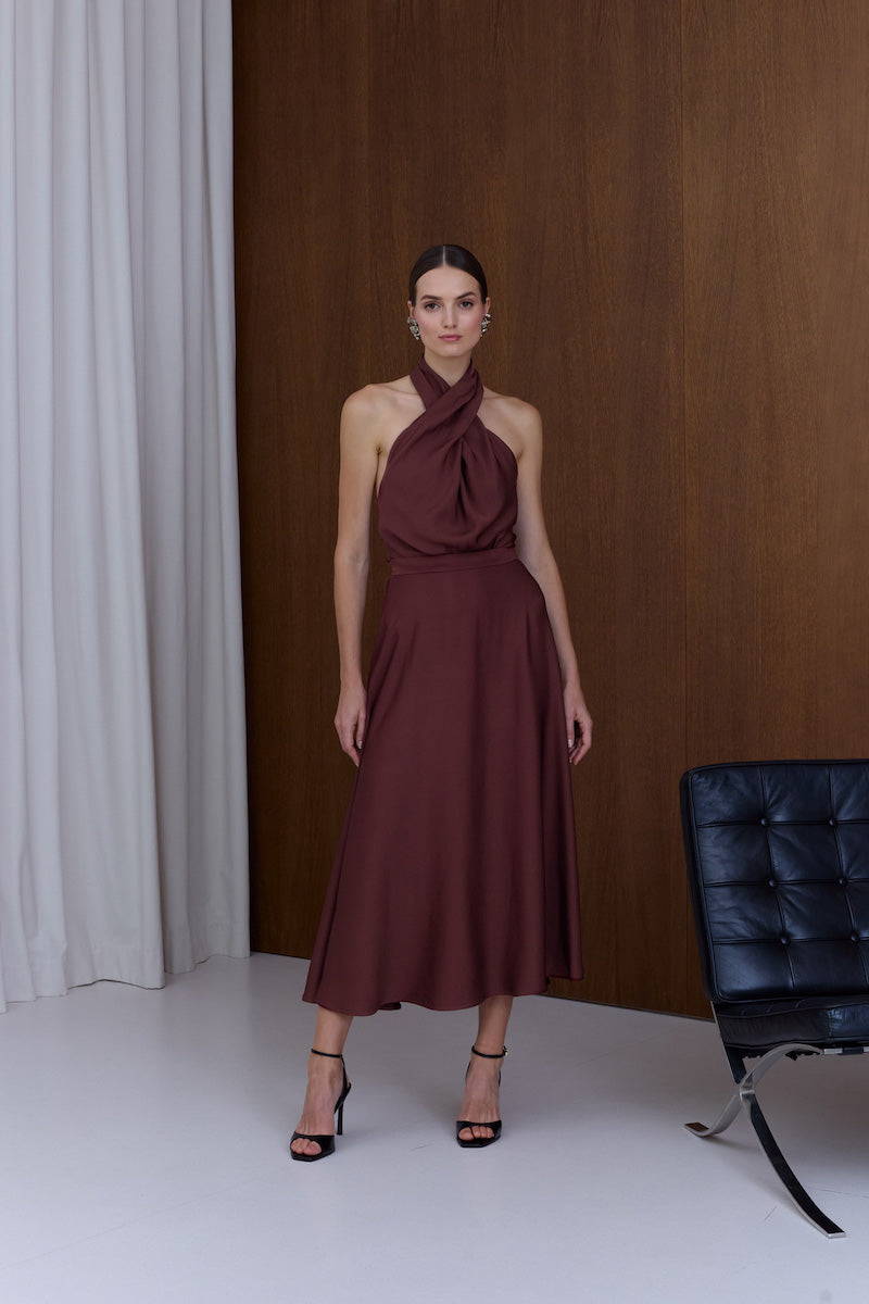 HEIDI NECK MIDI PARTY DRESS IN BURGUNDY