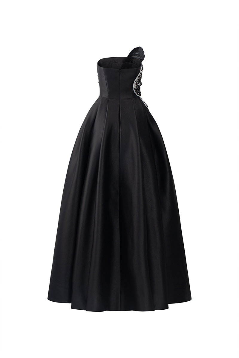 BLACK STRAPLESS ORCHID PATTERNED A-LINE GOWN - CULT MIA