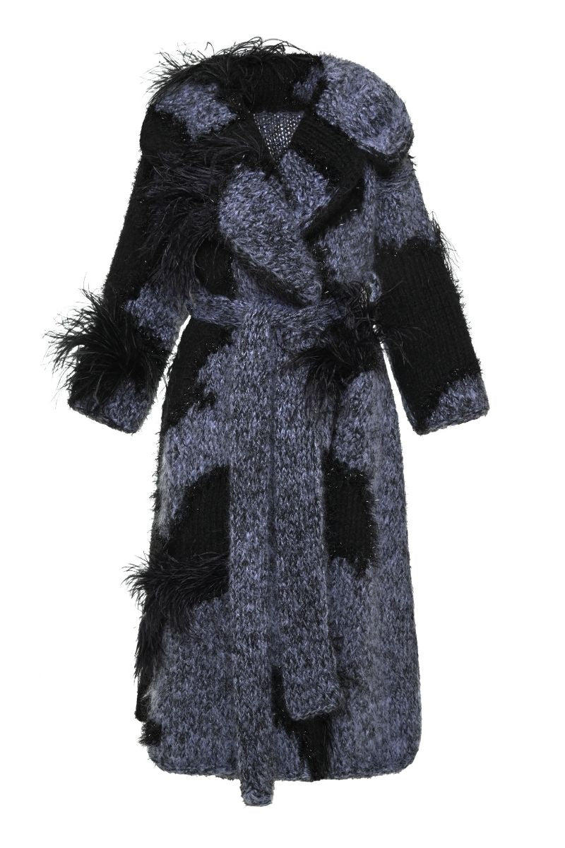 Lalo oversized coat with belt in gray and black, featuring a relaxed fit and stylish design, displayed on a hanger.