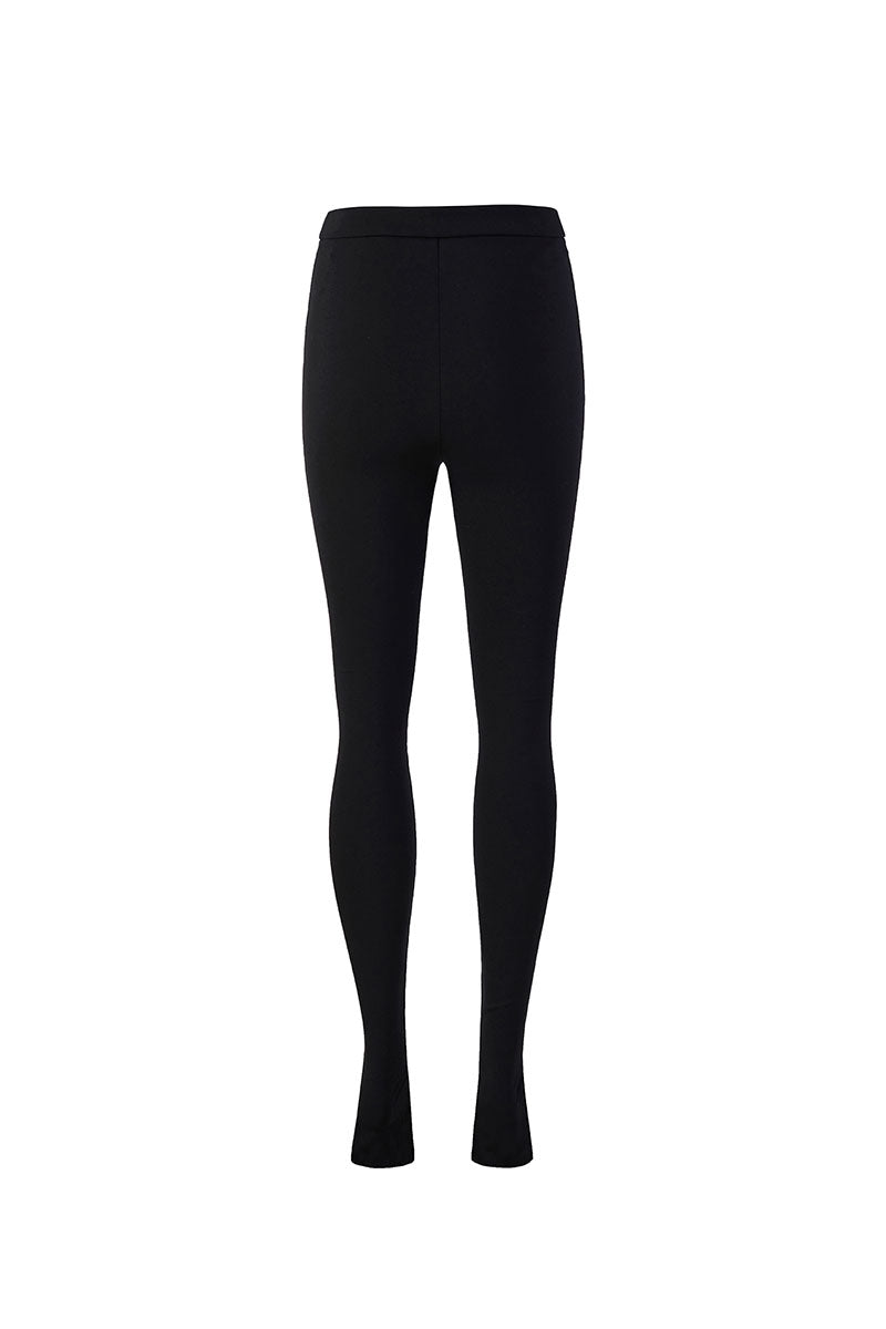 Chictopia Alexandra leggings, stylish black pants with a slim fit, shown in a close-up image highlighting the fabric and design details.
