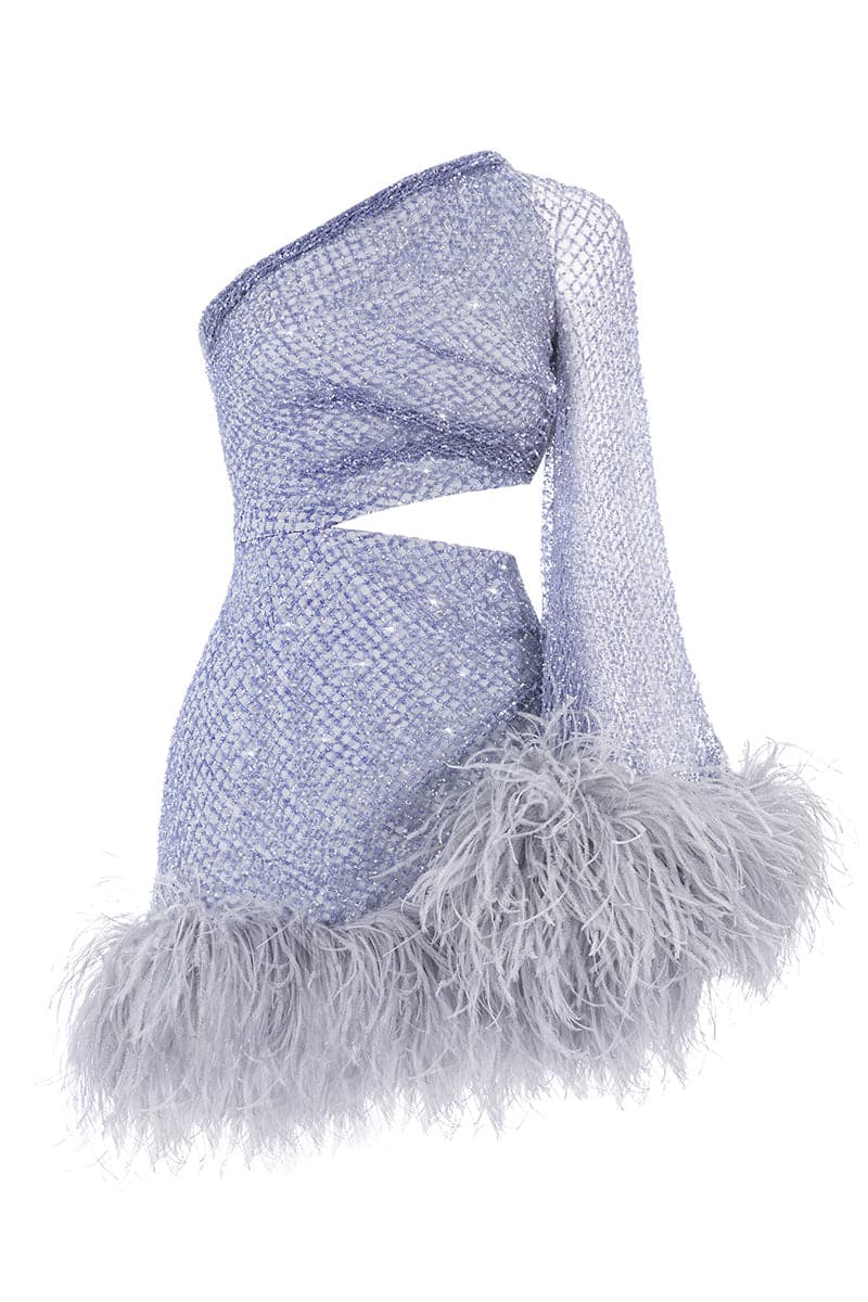LAVENDER CRYSTAL FEATHERED MINI DRESS - CULT MIA