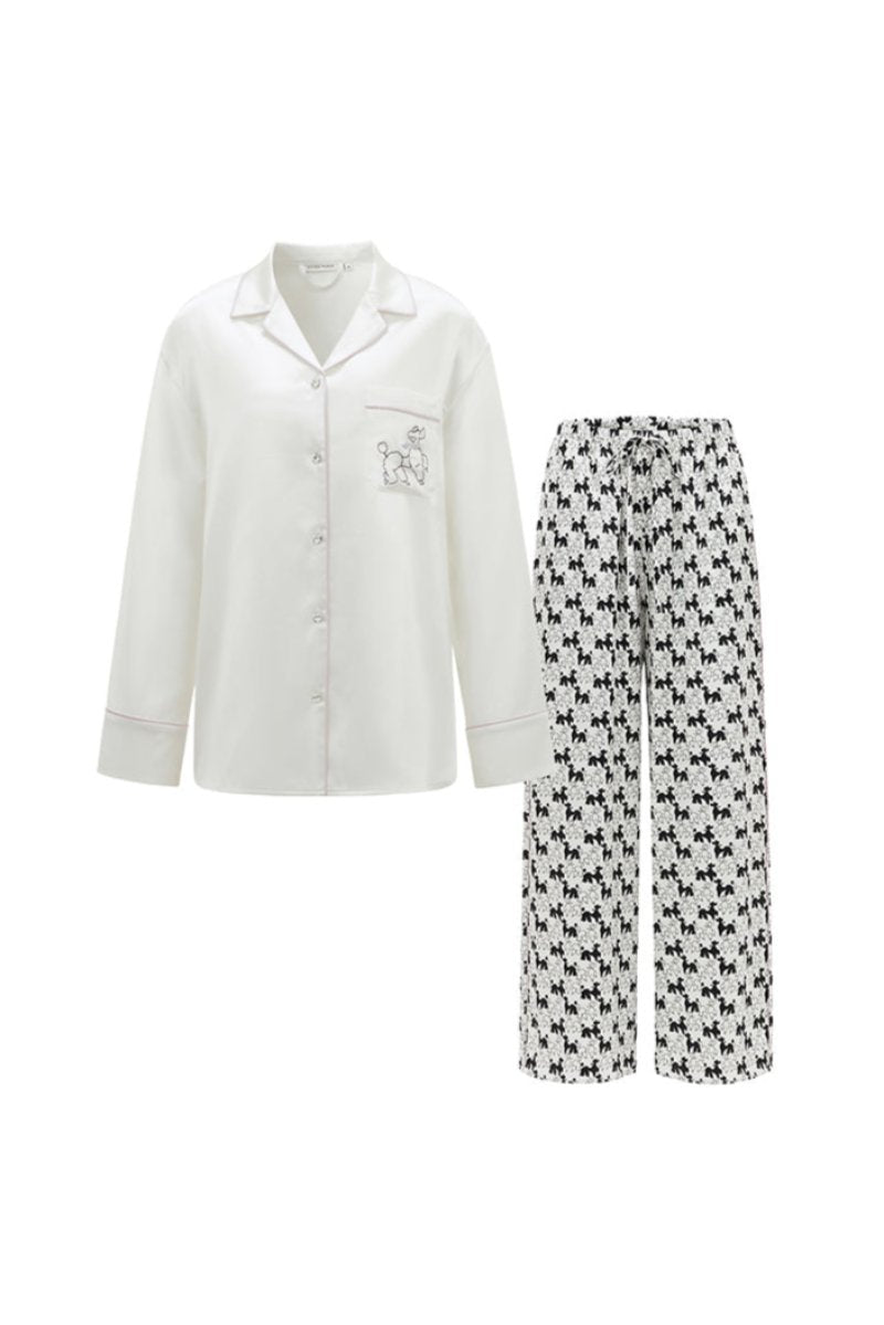 Diamond Poodles contrast silk pajama set by Not Just Pajama featuring elegant silk fabric and a stylish poodle pattern.