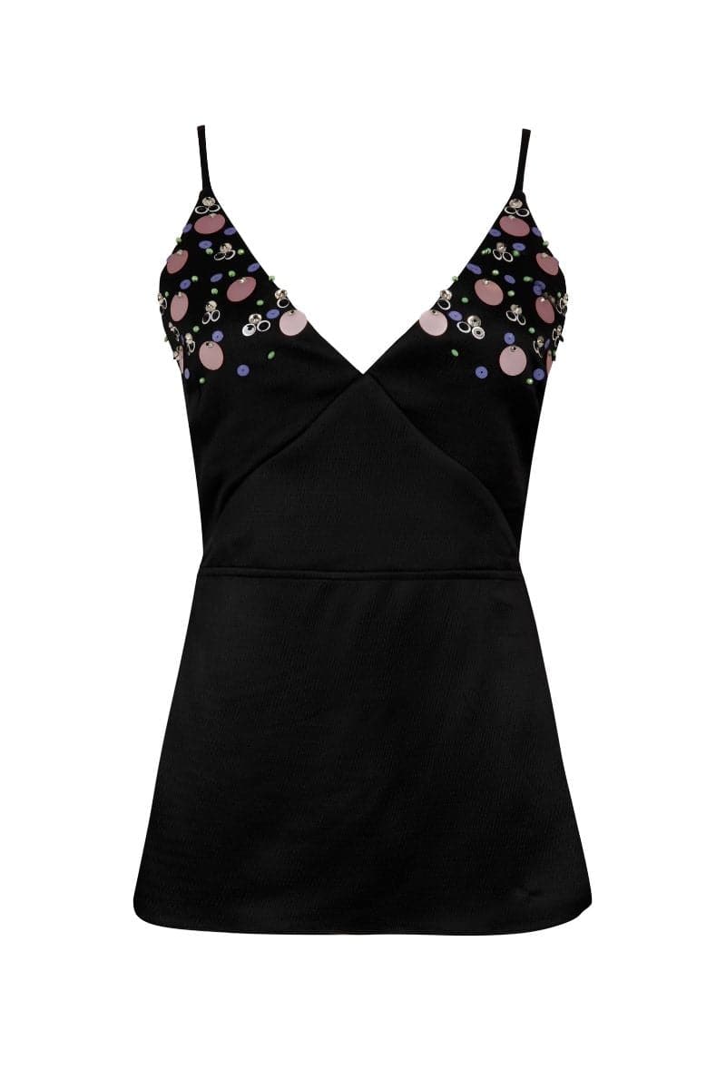 Black embroidered V-neck top by Nara Niro, featuring intricate embroidery and a stylish V-neck design.