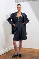 Gray striped blazer from Acaria Studio's GURU BOYFRIEND collection, featuring a tailored fit and classic lapel design.