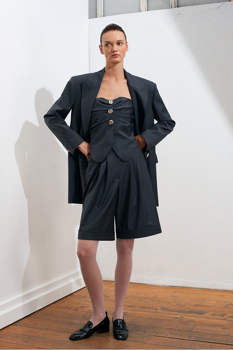 Gray striped blazer from Acaria Studio's GURU BOYFRIEND collection, featuring a tailored fit and classic lapel design.