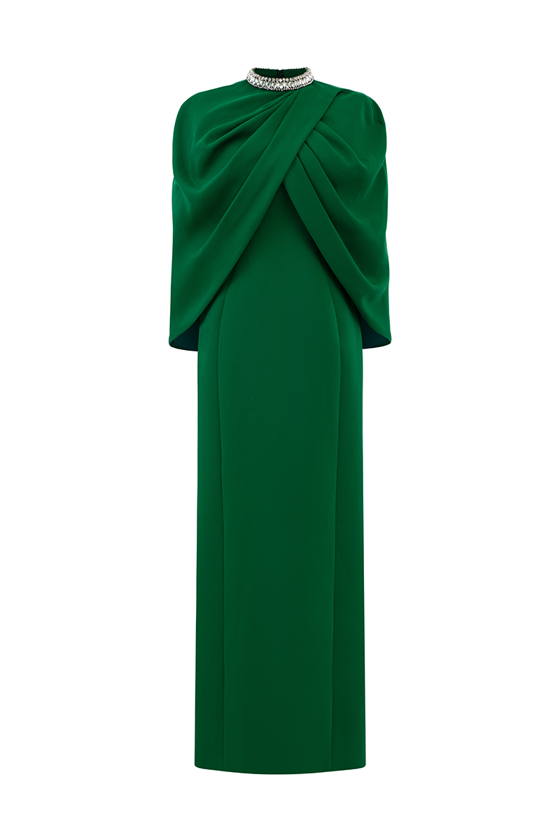 GREEN COLLAR STONE EMBELLISHED CAPE WITH GOWN SET - CULT MIA