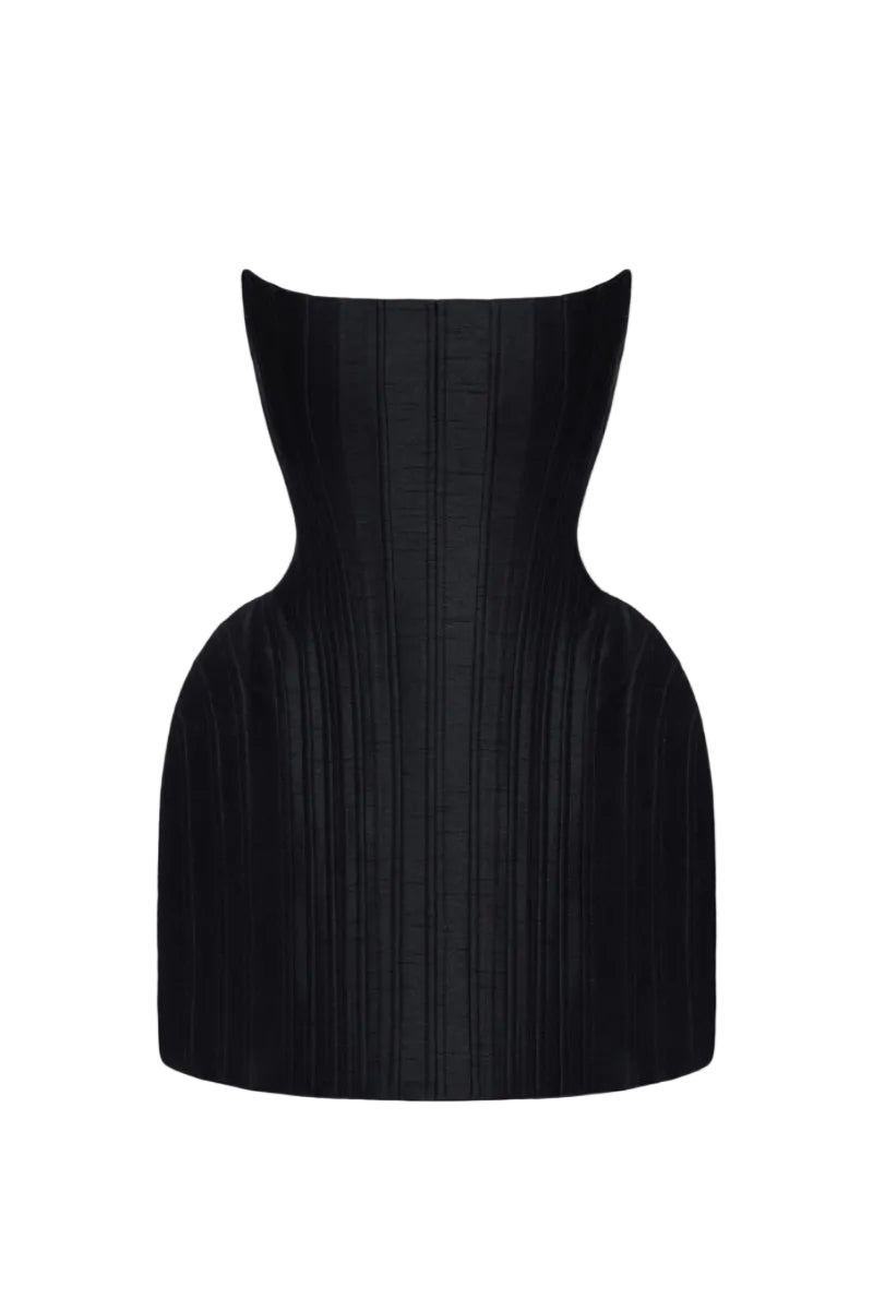 Black Balykina mini dress with long sleeves and fitted silhouette, showcased on a model.