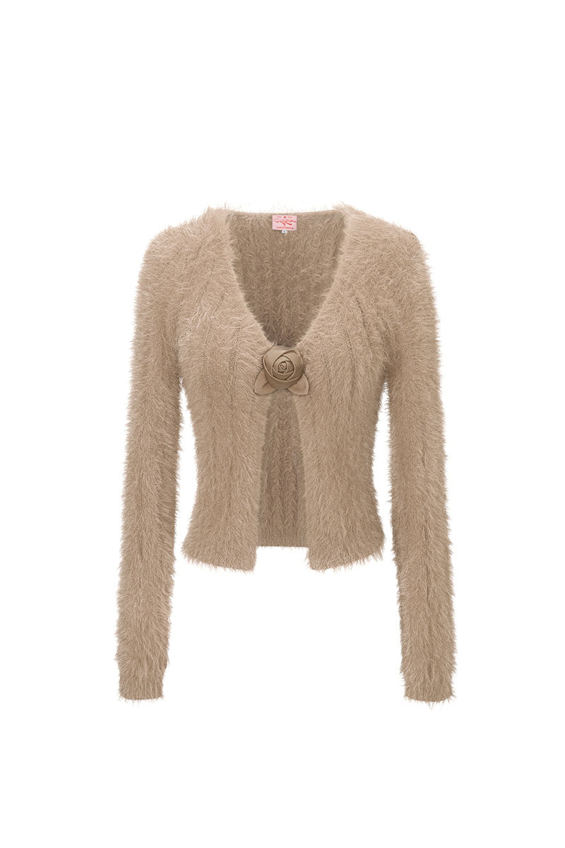 Beige rose cardigan by Chictopia, soft knit fabric with a relaxed fit, displayed on a hanger.