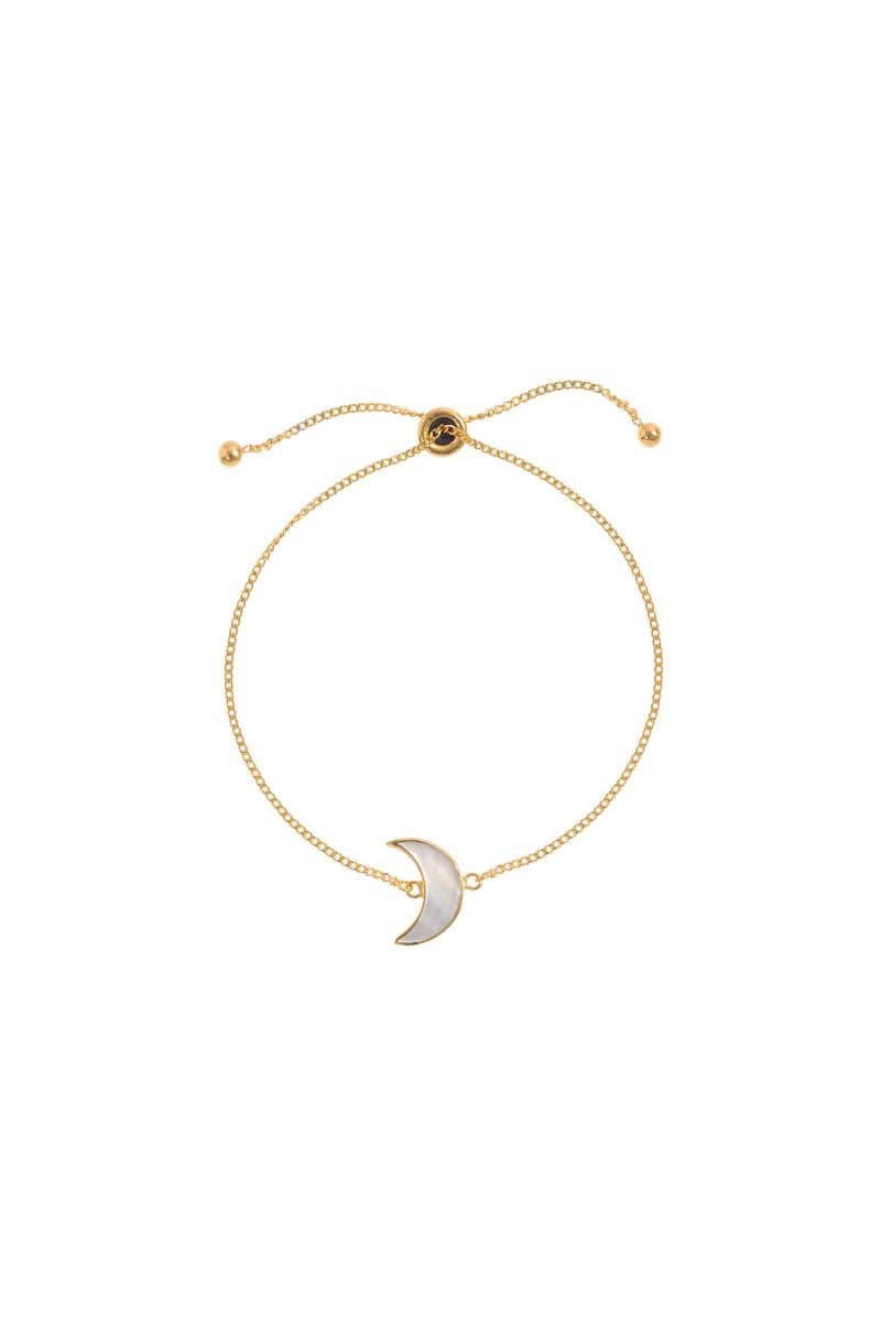 Adjustable gold moon bracelet by Freya Rose featuring a delicate moon charm and sleek gold finish.