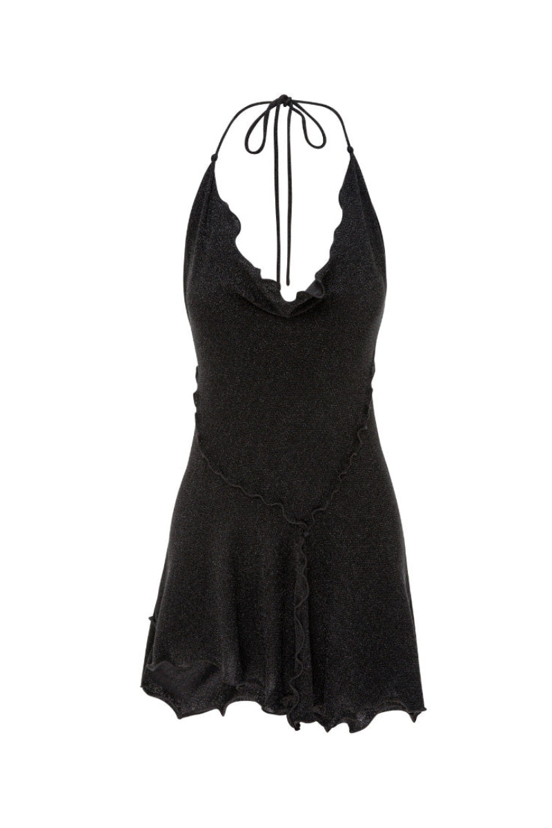 Black sparkly mini dress from Suncillo featuring a fitted silhouette and shimmering fabric for stylish evening wear.