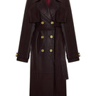 Acaria Studio Journey Leather Trench Coat in cherry red, stylish long coat with leather details.