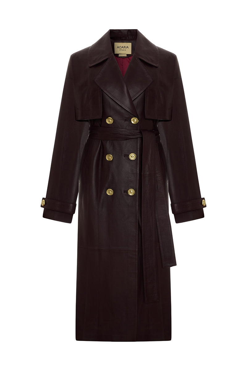 Acaria Studio Journey Leather Trench Coat in cherry red, stylish long coat with leather details.