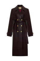 Acaria Studio Journey Leather Trench Coat in cherry red, stylish long coat with leather details.