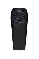 Black leather midi skirt by BALYKINA, featuring a sleek, fitted design and smooth leather texture.