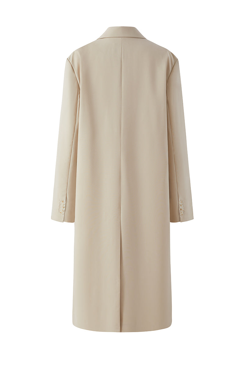 Beige wool blazer by Chictopia, tailored coat with classic lapels and button closure, perfect for sophisticated fall or winter outfits.