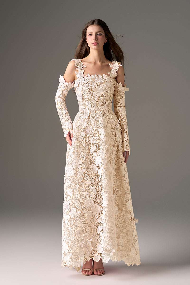 I.H.F Studio Cult Mia X floral garden ivory lace A-line maxi dress with delicate floral lace details and flowing silhouette.
