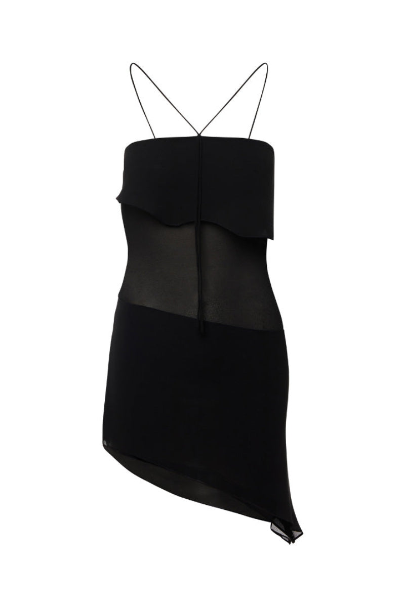 Black Suncillo mini dress featuring a fitted silhouette and short sleeves, perfect for casual or evening wear.