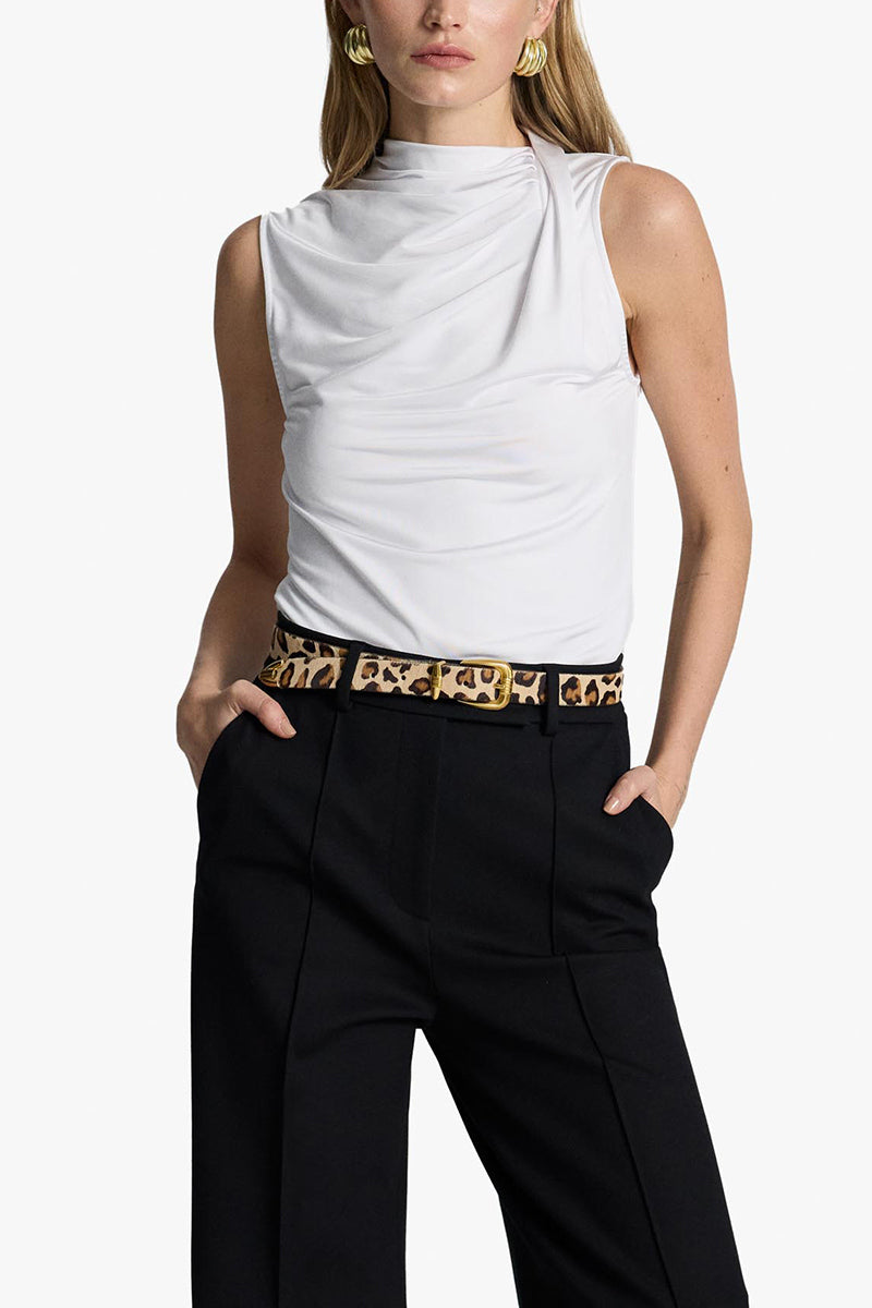 Acaria Studio leopard print leather belt with a sleek buckle, featuring bold animal pattern and durable leather strap.