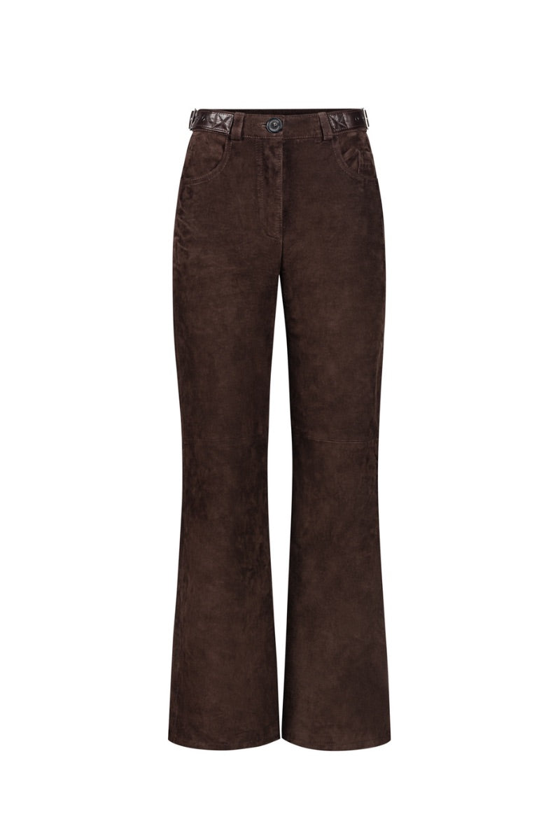 LARETAGGIO Brindissi suede mid-waist trousers, stylish pants with a smooth suede finish and tailored fit, shown in the image.