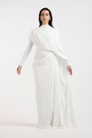 Nadia white draped gown by Deme By Gabriella featuring elegant fabric and flowing design, perfect for formal occasions.