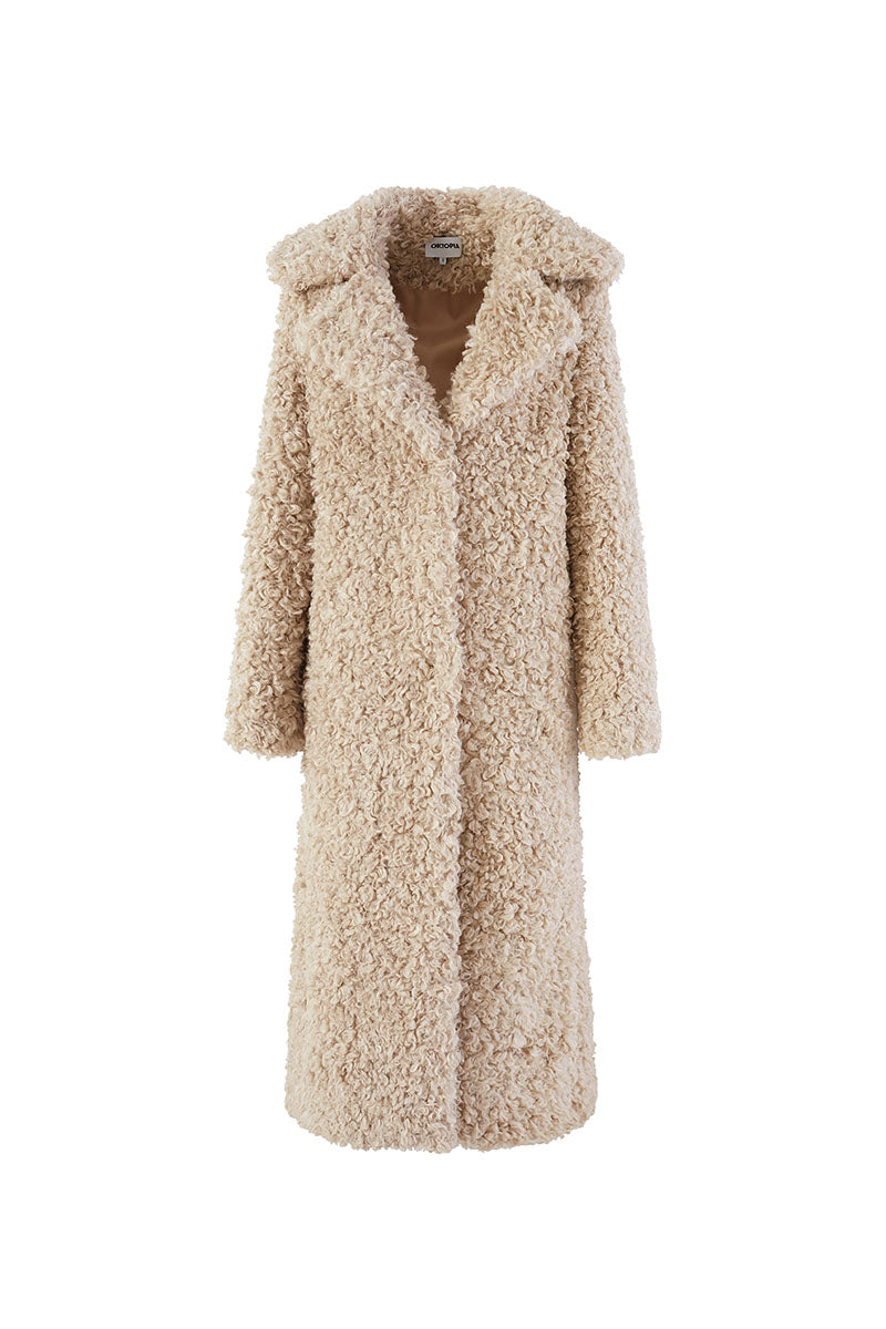 Chictopia Leona faux fur coat in plush beige with wide lapels, stylish winter coat for warmth and elegance.