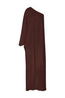 Nazlı Ceren Venus one-shoulder maxi dress in dark chocolate, flowing fabric with elegant drape and stylish shoulder design.