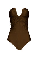 Laura Escobar Serrania brown one-piece swimsuit, stylish swimwear with a smooth fit and classic design, shown on model.