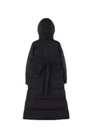 Chictopia LELA down coat in black, quilted winter coat with hood, front zipper, and plush collar for cold weather.