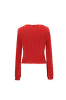 Brick red Chictopia cardigan with long sleeves and open front, displayed on a hanger against a neutral background.