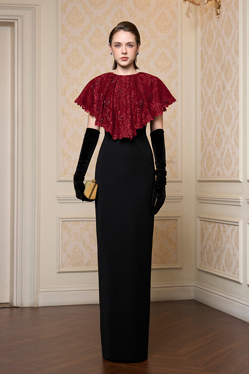 Red sleeveless lace gown with round neckline by I.H.F, featuring intricate lace details and a fitted silhouette.