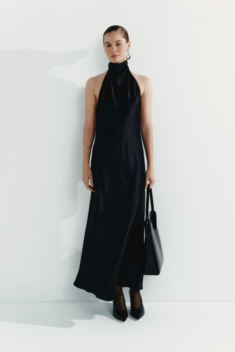 DENIZ BLACK HALTER-NECK SILK-SATIN MIDAXI DRESS
