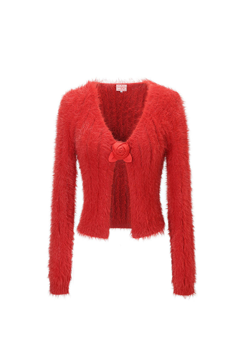 Brick red Chictopia cardigan with long sleeves and button-front detail, displayed flat showing the front view.