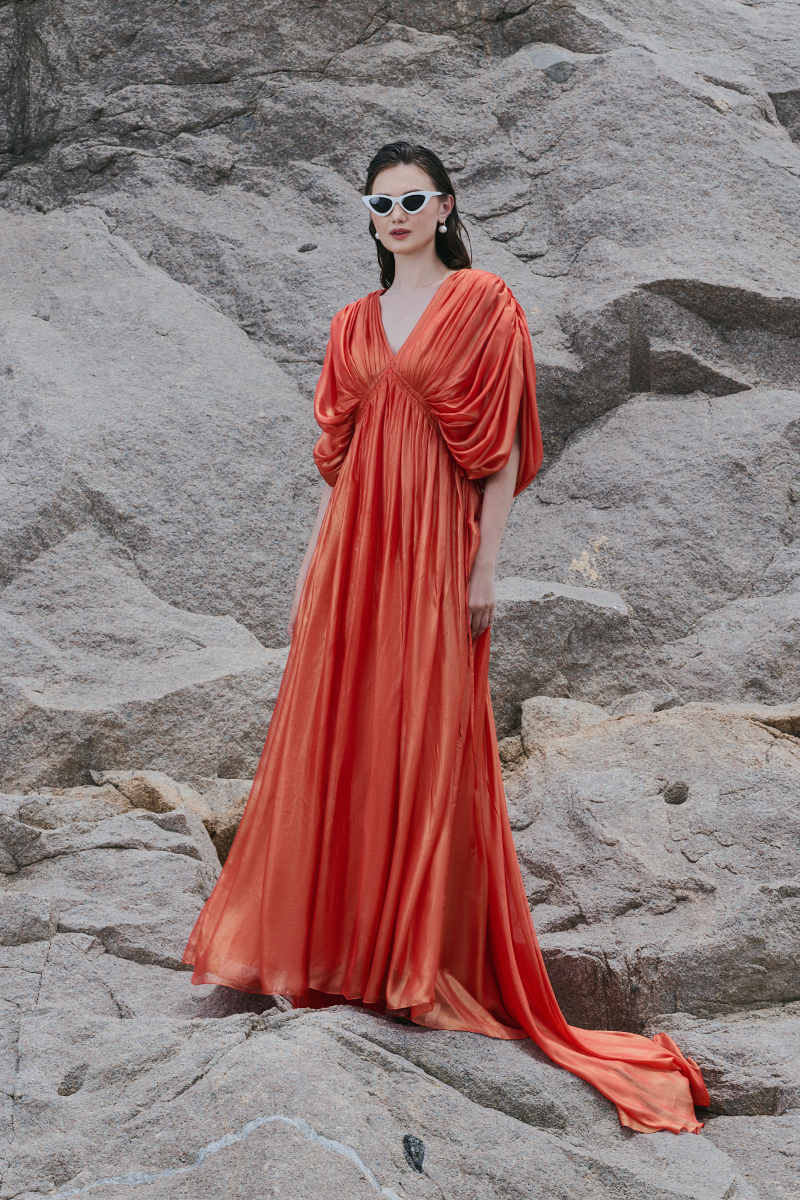 NEMO ORANGE V-NECK DRAPED MAXI DRESS - CULT MIA