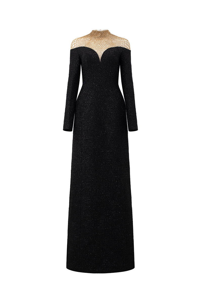 HIGH NECK FISHNET SHOULDER GOWN - CULT MIA